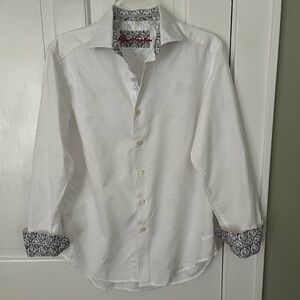 Robert Graham Men's Small Button Down Classic Fit White Blue Skulls Leaf Cuff